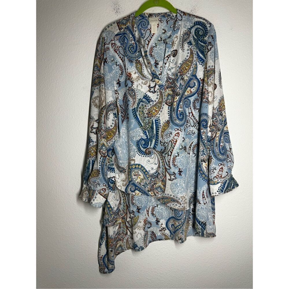 Chico’s Bohemian Paisley Layered High Low Tunic Roll Tab Sleeve White Blue Sz L